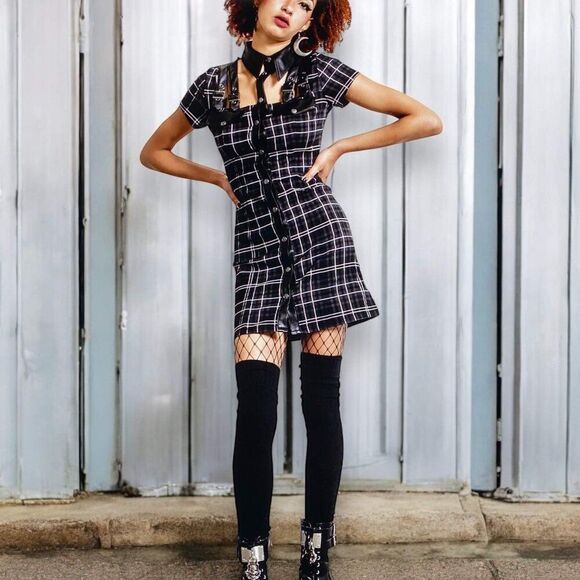 All Attitude Cut Out Leather Straps Button Down Mini Dress Killstar - NEW - Picture 2 of 3